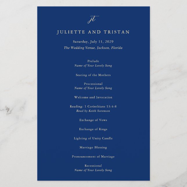 Flyer Programa de Casamento Clássico Navy e Creme Elegan (Frente)