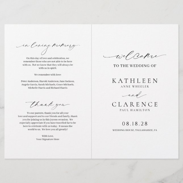 Flyer Programa de Casamento Clássico Preto e Branco Econ (Frente)