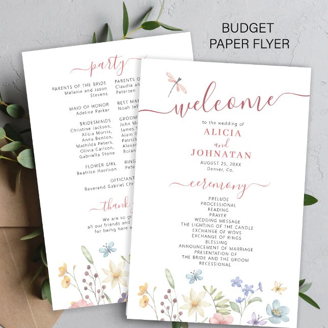 Flyer Programa de casamento com flores silvestres boho e (Criador carregado)