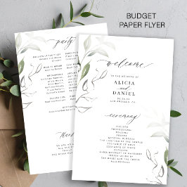 Flyer Programa de casamento com folhas verdes elegantes 