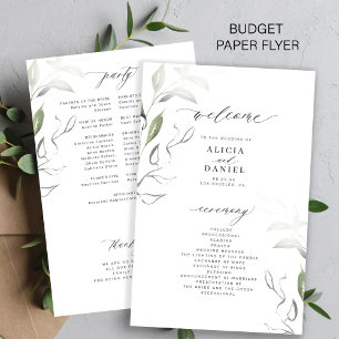 Flyer Programa de casamento com folhas verdes elegantes 