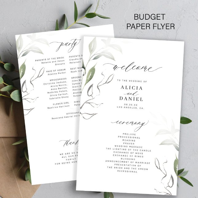 Flyer Programa de casamento com folhas verdes elegantes  (Criador carregado)