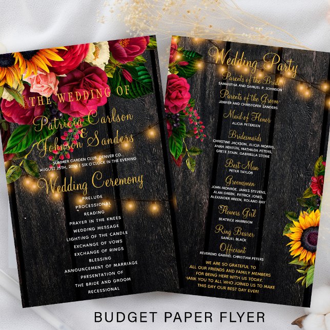 Flyer Programa de casamento com iluminação rústica flora (Criador carregado)