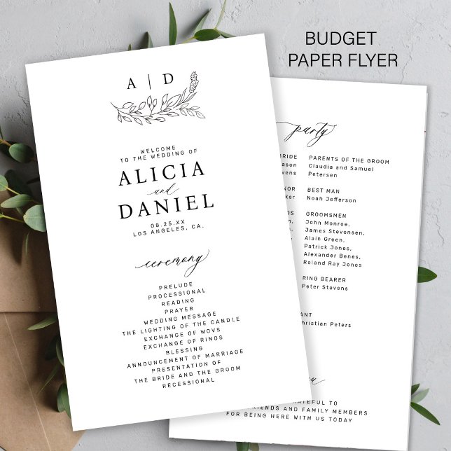 Flyer Programa de casamento com monograma preto e branco (Criador carregado)
