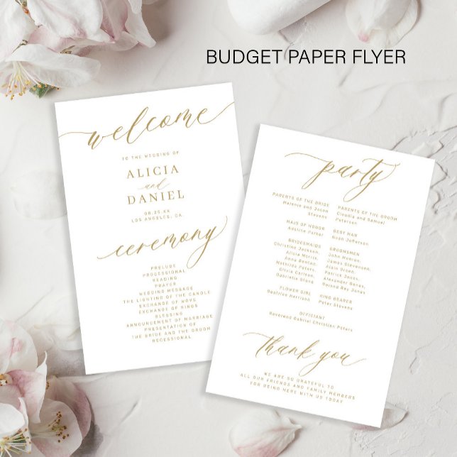 Flyer Programa de casamento com tipografia dourada român (Criador carregado)