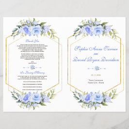 Flyer Programa de Casamento de Frame Dourado Floral Azul