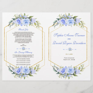 Flyer Programa de Casamento de Frame Dourado Floral Azul