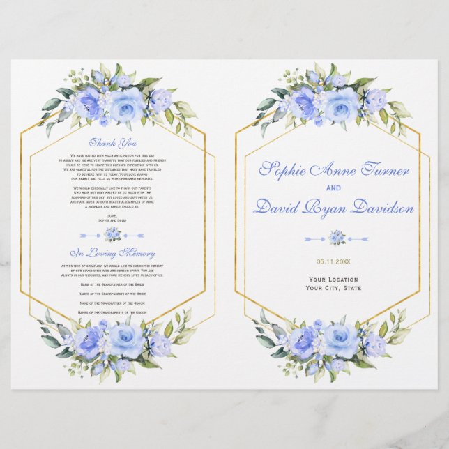 Flyer Programa de Casamento de Frame Dourado Floral Azul (Frente)