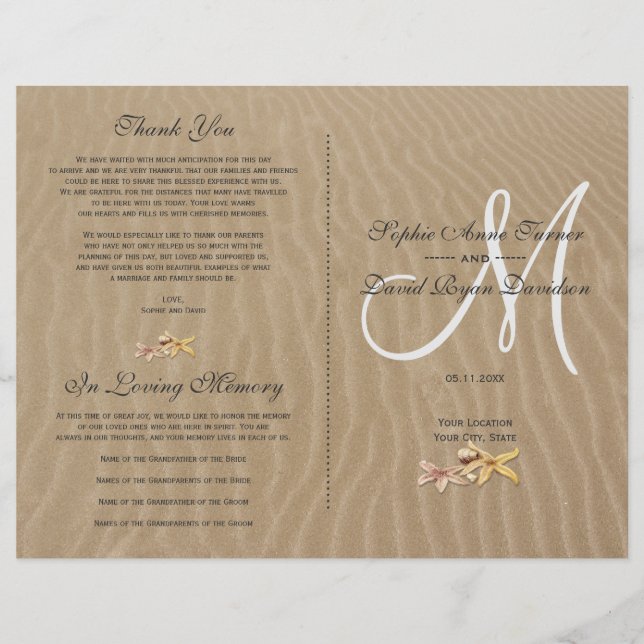 Flyer Programa de Casamento de Praia Chic Sand and Starf (Frente)