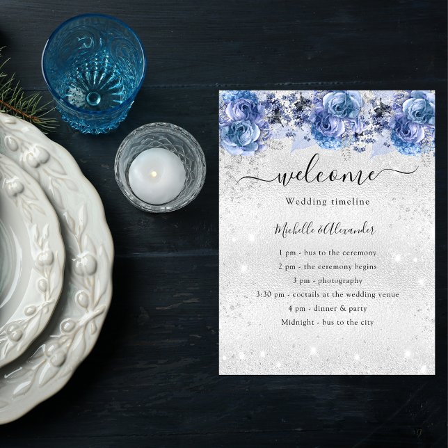 Flyer Programa de casamento de prata azul floral (Criador carregado)