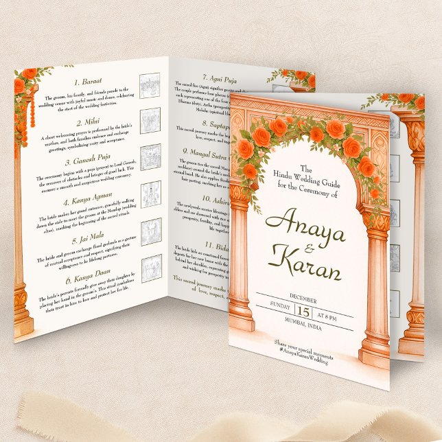 Flyer Programa de Casamento de Rosas Laranja (Elegant Indian Wedding Program Hindu Ceremony Guid Flyer)