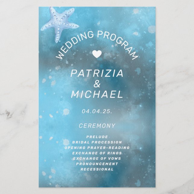 Flyer Programa de Casamento de Verão do Mar Azul Moderno (Frente)