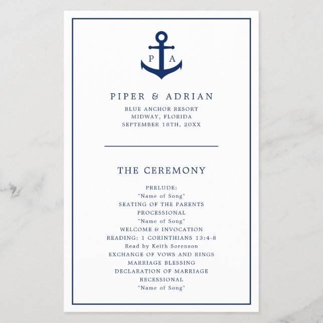 Flyer Programa de Casamento do Orçamento Náutico Anchor  (Frente)