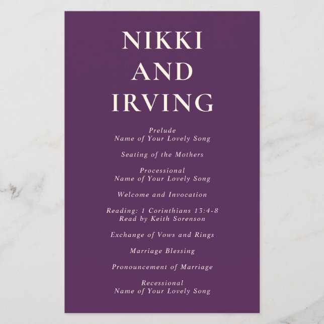 Flyer Programa de Casamento do Orçamento Roxo de Fontes  (Frente)