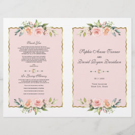Flyer Programa de Casamento Dourado Floral de Blush Char