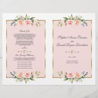 Flyer Programa de Casamento Dourado Floral de Blush Char