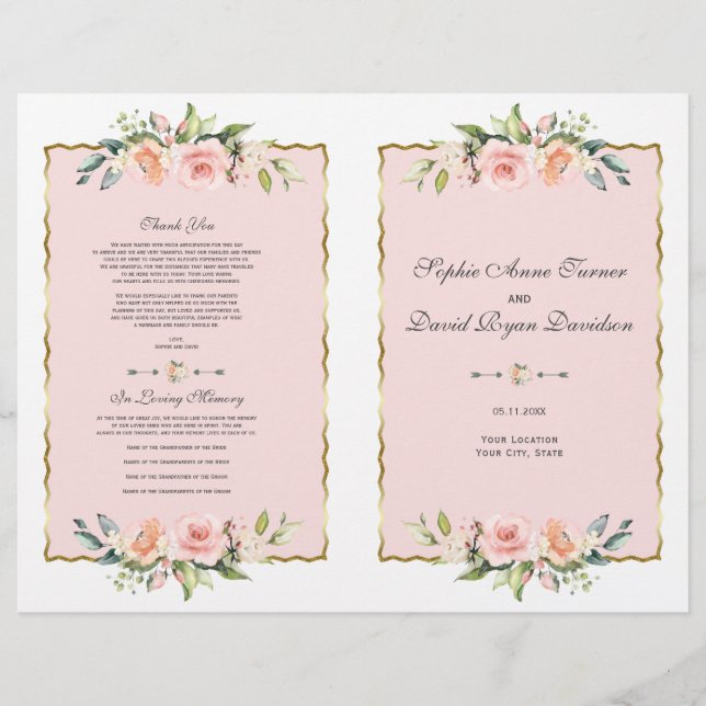 Flyer Programa de Casamento Dourado Floral de Blush Char (Frente)