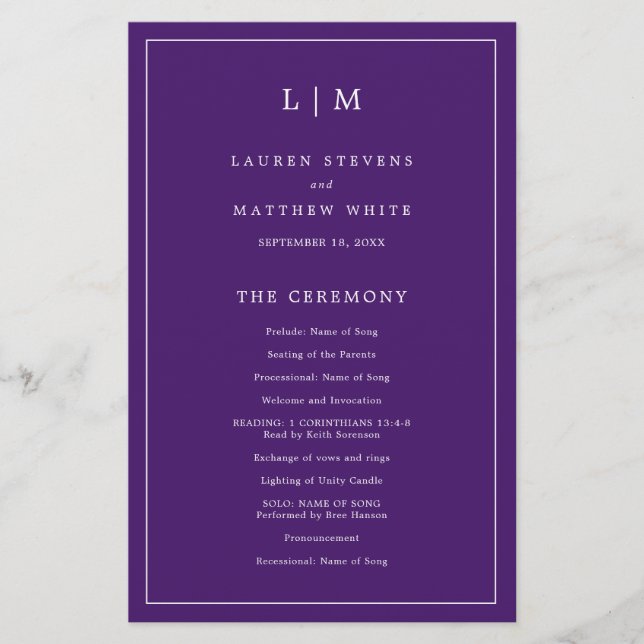Flyer Programa de Casamento Elegante com Monograma Roxo  (Frente)