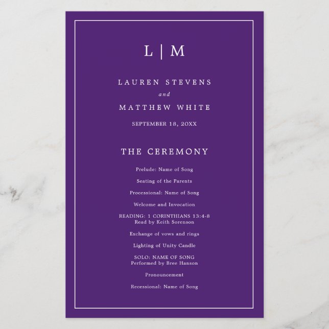 Flyer Programa de Casamento Elegante com Monograma Roxo  (Frente)