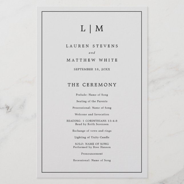 Flyer Programa de Casamento Elegante com Monograma Simpl (Frente)