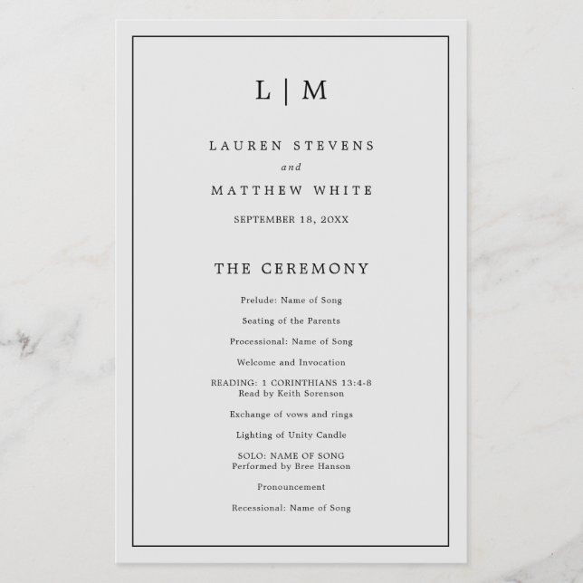 Flyer Programa de Casamento Elegante com Monograma Simpl (Frente)