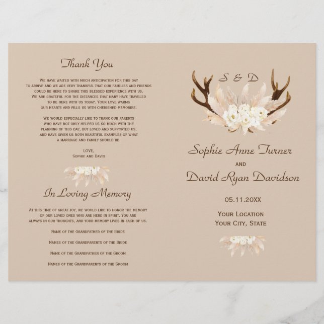 Flyer Programa de Casamento Floral Antlers Charm Pampas  (Frente)