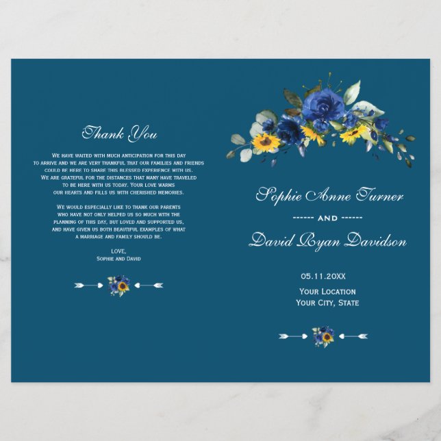 Flyer Programa de Casamento Floral Azul Charm Sunflower (Frente)