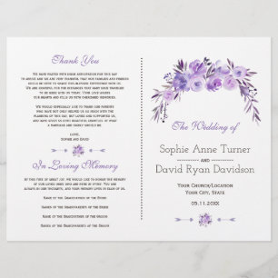 Flyer Programa de Casamento Floral Azul Púrpura Claro