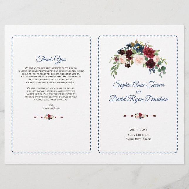 Flyer Programa de Casamento Floral Borgonha Marsala Rosa (Frente)