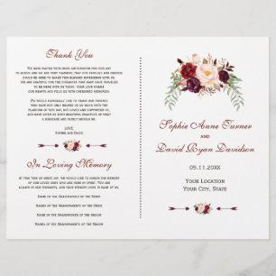 Flyer Programa de Casamento Floral de Borgonha Vermelha