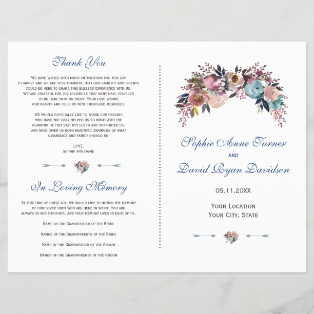 Flyer Programa de Casamento Floral Dusty Blue Misty Rosa (Frente)