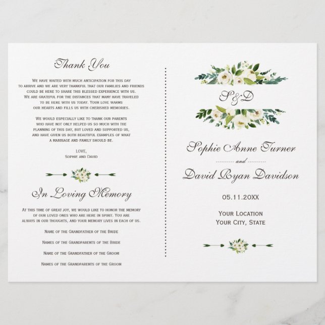 Flyer Programa de Casamento Floral Floral Charming White (Frente)