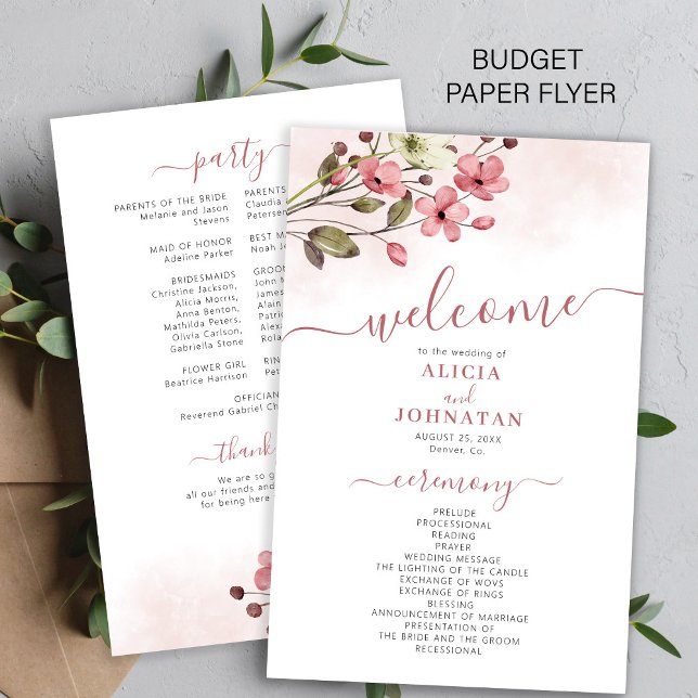 Flyer Programa de casamento floral rosa elegante econômi (Criador carregado)