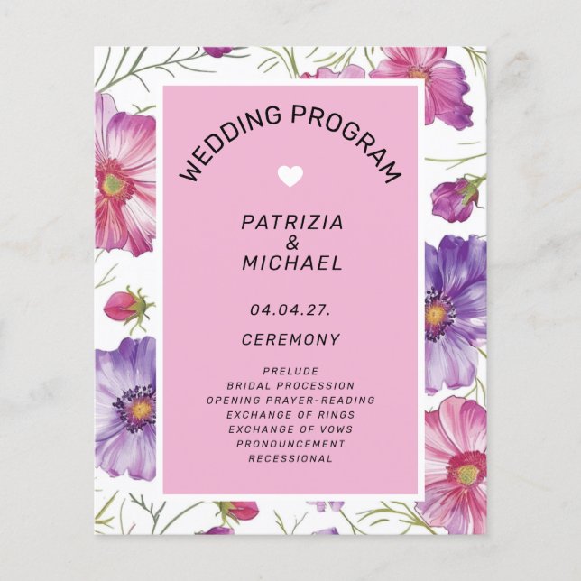 Flyer Programa de Casamento Floral Rosa Moderno Roxo (Frente)