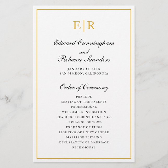 Flyer Programa de Casamento Formal com Monograma Dourado (Frente)