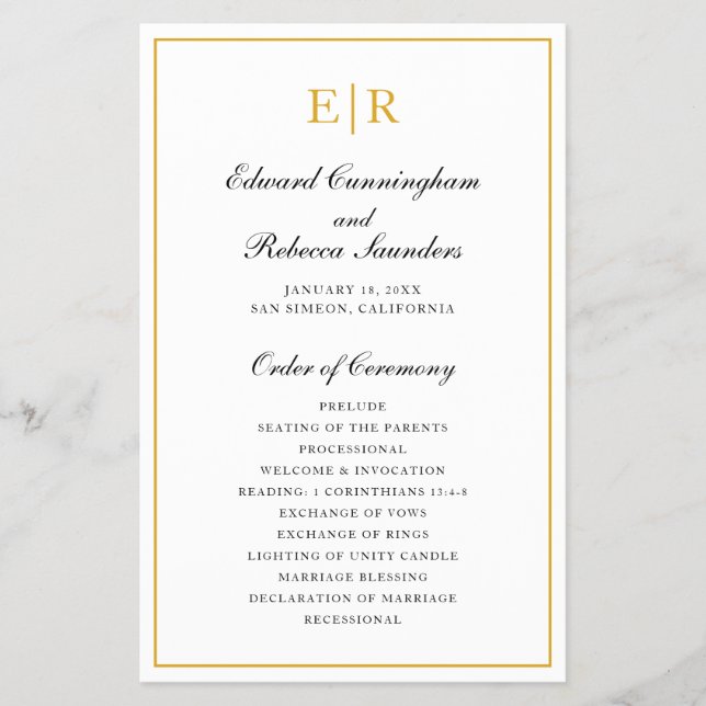 Flyer Programa de Casamento Formal com Monograma Dourado (Frente)