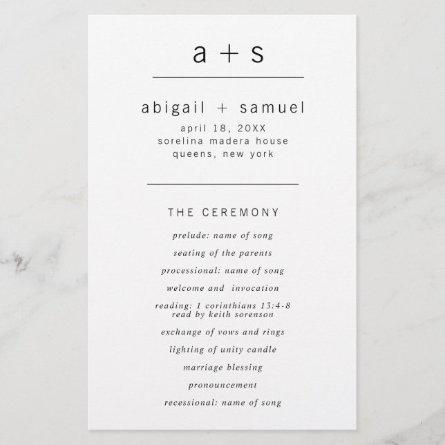 Flyer Programa de Casamento Minimalista com Monograma e  (Frente)
