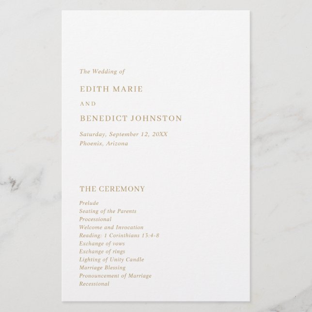 Flyer Programa de Casamento Minimalista em Ouro Moderno (Frente)