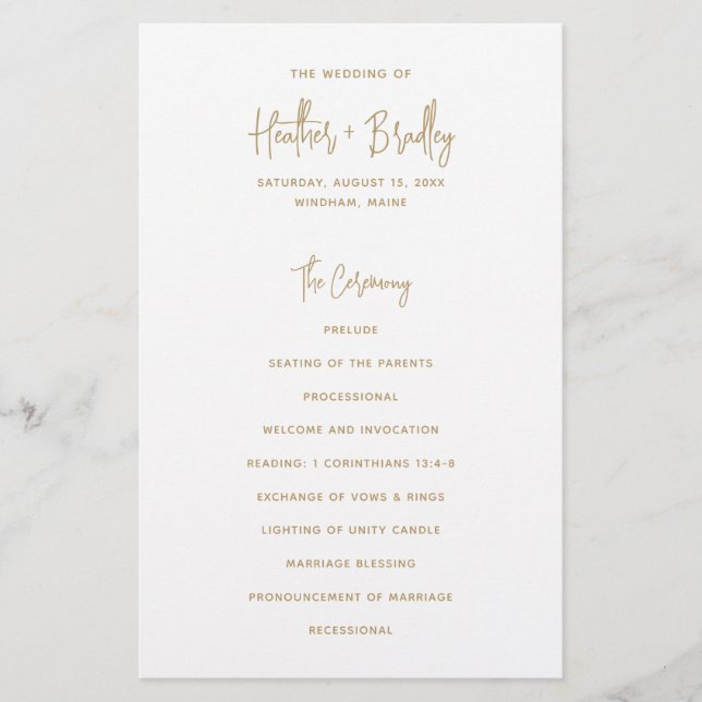 Flyer Programa de Casamento Moderno em Ouro Minimalista (Frente)