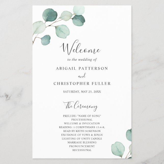 Flyer Programa de Casamento Simples com Eucalipto Elegan (Frente)
