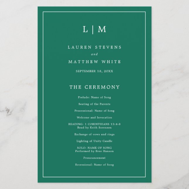 Flyer Programa de Casamento Simples com Monograma em Ver (Frente)