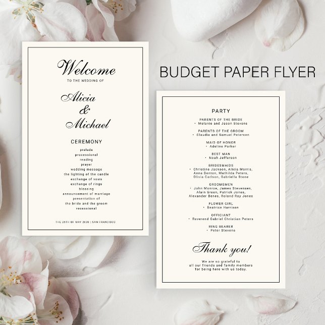 Flyer Programa de casamento simples elegante preto marfi (Criador carregado)