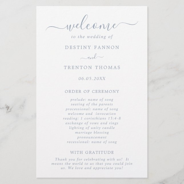 Flyer Programa de Casamento Simples Minimalista em Azul  (Frente)