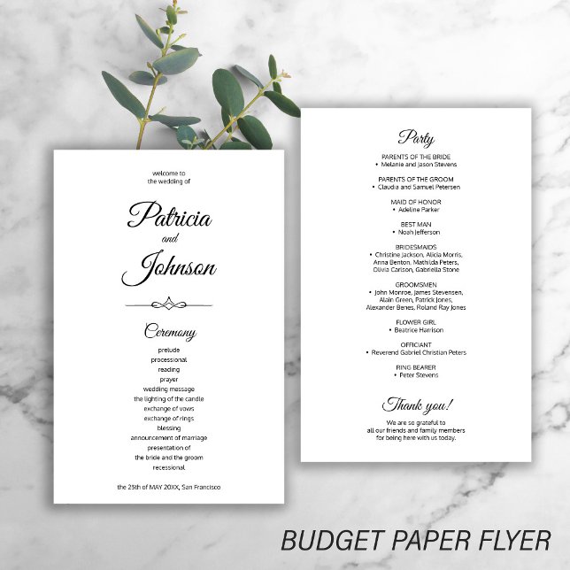 Flyer Programa de casamento simples preto e branco elega (Criador carregado)