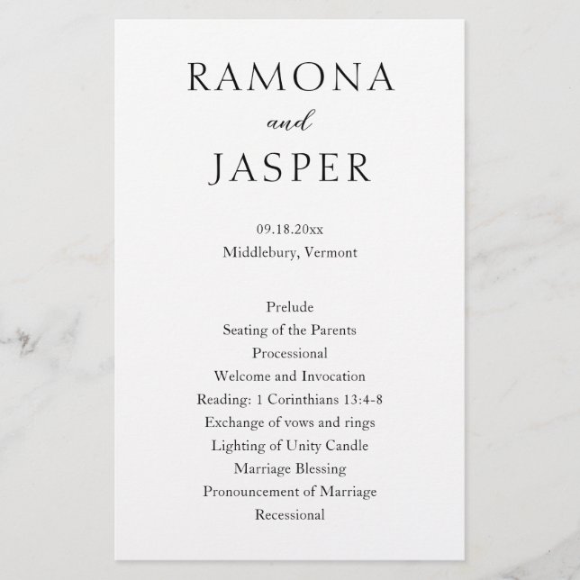 Flyer Programa de Casamento Simples Preto e Branco Moder (Frente)