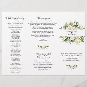 Flyer Programa de Casamento Tri+Fold Flores Brancas Aqua