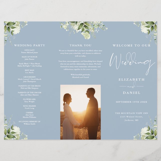 Flyer Programa de Casamento Trifold Floral Verde Azul Em (Frente)
