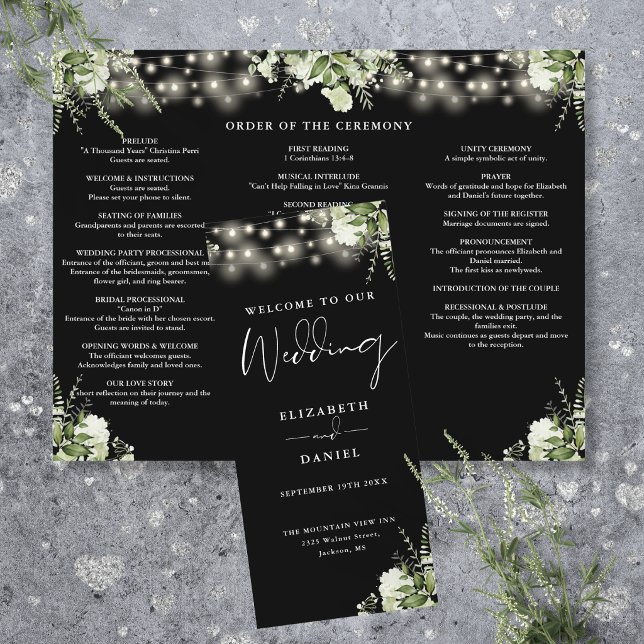 Flyer Programa de Casamento Trifold Luzes de Corda de Fo (Greenery String Lights Trifold Wedding Program Flyer)