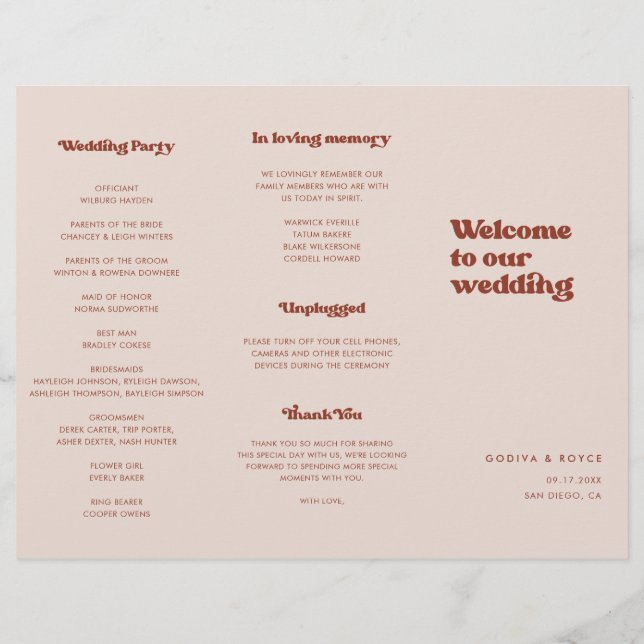 Flyer Programa de Casamento Trifold Rosa Pêssego Retro E (Verso)