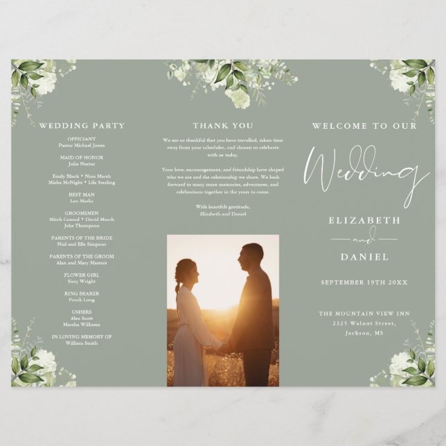 Flyer Programa de Casamento Trifold Verde Floral Verde S (Frente)